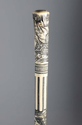 Asian Scrimshaw Bone Walking Stick, 19th Century