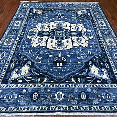 Denim Blue and White Peshawar Serapi Heriz Design Hand Knotted Wool Oriental Carpet