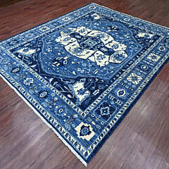 Denim Blue and White Peshawar Serapi Heriz Design Hand Knotted Wool Oriental Carpet