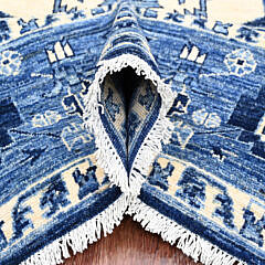 Denim Blue and White Peshawar Serapi Heriz Design Hand Knotted Wool Oriental Carpet