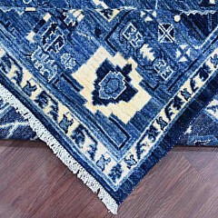 Denim Blue and White Peshawar Serapi Heriz Design Hand Knotted Wool Oriental Carpet