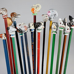 Collection of 16 Vintage Assorted Porcelain and Wood Carnival Walking Sticks