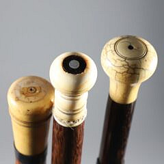 Group of Three Whaler Made Knob Grip Walking Sticks, 19th Century