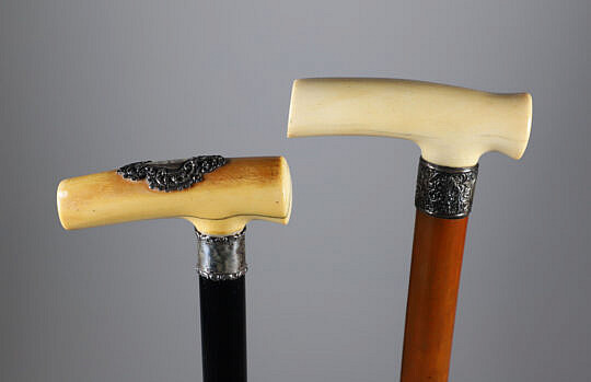 Two Sterling and Antique Ivory L-Grip Canes, 19th Century