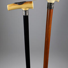 Two Carved L-Grip Canes with Sterling Collars, 19th Century