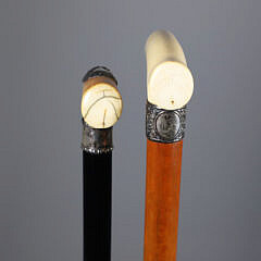 Two Carved L-Grip Canes with Sterling Collars, 19th Century