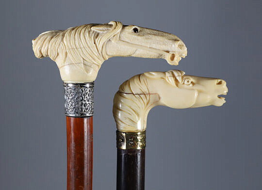 Two Carved Horse Head Canes 19th Century