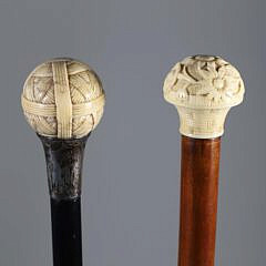 Two Carved Knob Grip Walking Sticks, 19th Century
