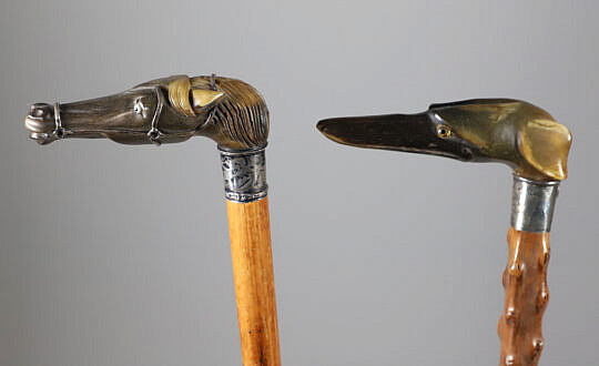 Two Carved Horn Dog and Horse Grip Canes, 19th Century