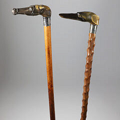 Two Carved Horn Dachshund’s Head and Horse Head Grip Canes, 19th Century