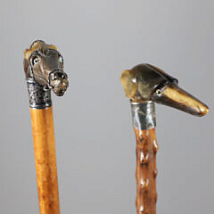 Two Carved Horn Dachshund’s Head and Horse Head Grip Canes, 19th Century