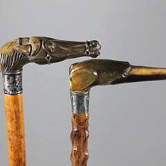 Two Carved Horn Dachshund’s Head and Horse Head Grip Canes, 19th Century