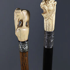 Two Elephant and Lion Head with Silver Grip Walking Sticks
