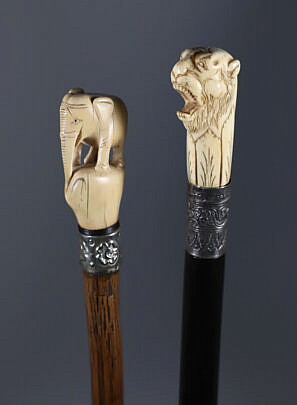 Two Elephant and Lion Head with Silver Grip Walking Sticks