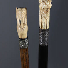 Two Antique Carved Animal Grip Walking Sticks