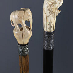 Two Antique Carved Animal Grip Walking Sticks