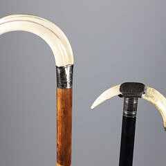 Two Boar Tusk Grip Canes, 19th Century, with Silver Mounts