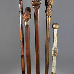 Five Carved Wood Folk Art Walking Sticks, 19th Century