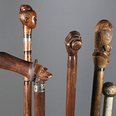 Five Carved Wood Folk Art Walking Sticks, 19th Century