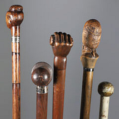 Five Carved Wood Folk Art Walking Sticks, 19th Century