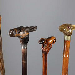 Five Carved Animal Grip Walking Sticks, 19th Century