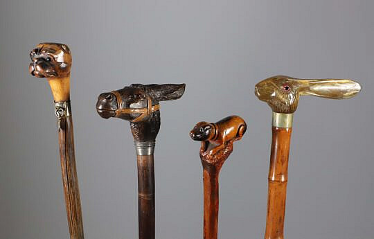Five Carved Animal Grip Walking Sticks, 19th Century