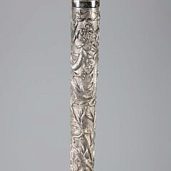 Chinese Export Repousse Silver Walking Stick, 19th Century