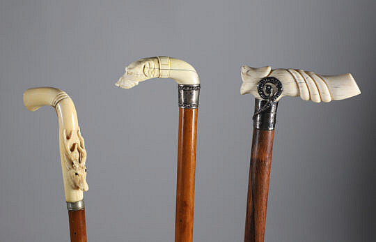 Three L-Grip Carved Canes, 19th Century