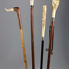 Four Various Diminutive Carved Grip Walking Sticks, 19th Century