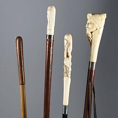 Four Various Diminutive Carved Grip Walking Sticks, 19th Century
