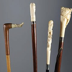 Four Various Diminutive Carved Grip Walking Sticks, 19th Century