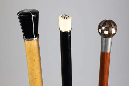 Two Inlaid Top Walking Sticks and a Tuxedo Stick, 19th Century