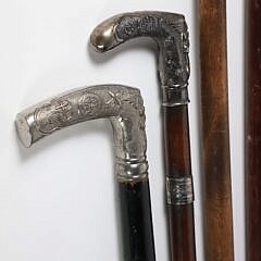 Group of Nine Miscellaneous Vintage Political Canes and Walking Sticks on Wood Shafts