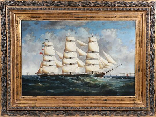 Maritime Oil on Canvas "Seascape With 3-Masted Clipper Ship in Full Sail off Headland"