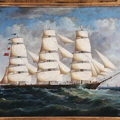 Maritime Oil on Canvas “Seascape With 3-Masted Clipper Ship in Full Sail off Headland”, Contemporary