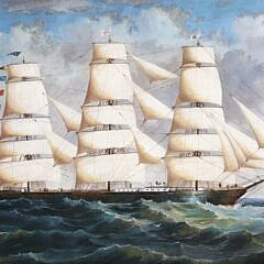 Maritime Oil on Canvas “Seascape With 3-Masted Clipper Ship in Full Sail off Headland”, Contemporary