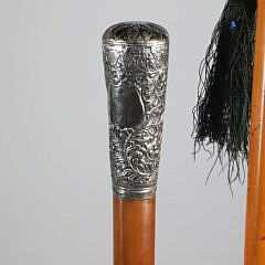 Two Repousse Sterling Silver Grip Walking Sticks, 19th Century