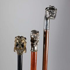 Three Vintage Metal Dog Head Walking Sticks