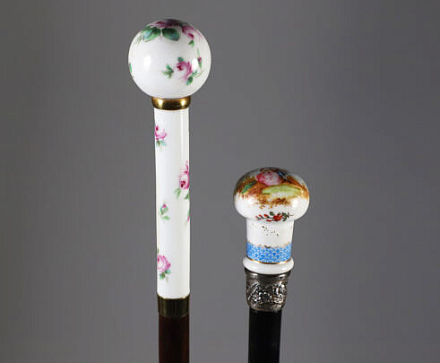 Two Porcelain Ball Grip Walking Sticks 19th Century on Wood Shafts