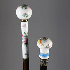 Two European Hand Painted Porcelain Ball and Knob Grip Walking Sticks, 19th Century