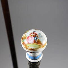Two European Hand Painted Porcelain Ball and Knob Grip Walking Sticks, 19th Century