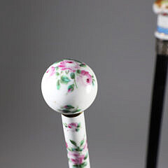 Two European Hand Painted Porcelain Ball and Knob Grip Walking Sticks, 19th Century