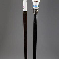 Two European Hand Painted Porcelain Ball and Knob Grip Walking Sticks, 19th Century