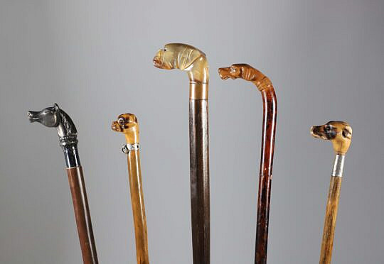 Five Diminutive Animal Head Walking Sticks, 19th Century