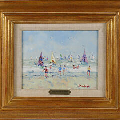 Jean-Pierre Dubord Oil on Canvas "Children Playing in the Surf with Sailboats in the Distance"