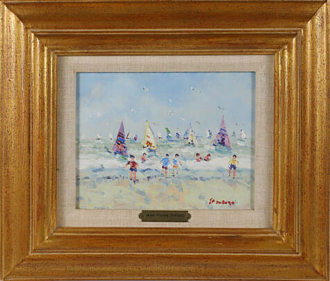 Jean-Pierre Dubord Oil on Canvas "Children Playing in the Surf with Sailboats in the Distance"