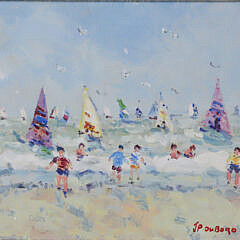 Jean-Pierre Dubord Oil on Canvas “Children Playing in the Surf with Sailboats in the Distance”