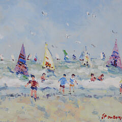 Jean-Pierre Dubord Oil on Canvas “Children Playing in the Surf with Sailboats in the Distance”