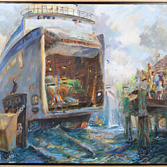 John Devaney (American, Contemporary) Oil on Canvas "Rain" at Steamboat Wharf