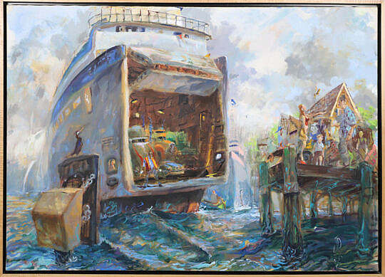 John Devaney (American, Contemporary) Oil on Canvas "Rain" at Steamboat Wharf
